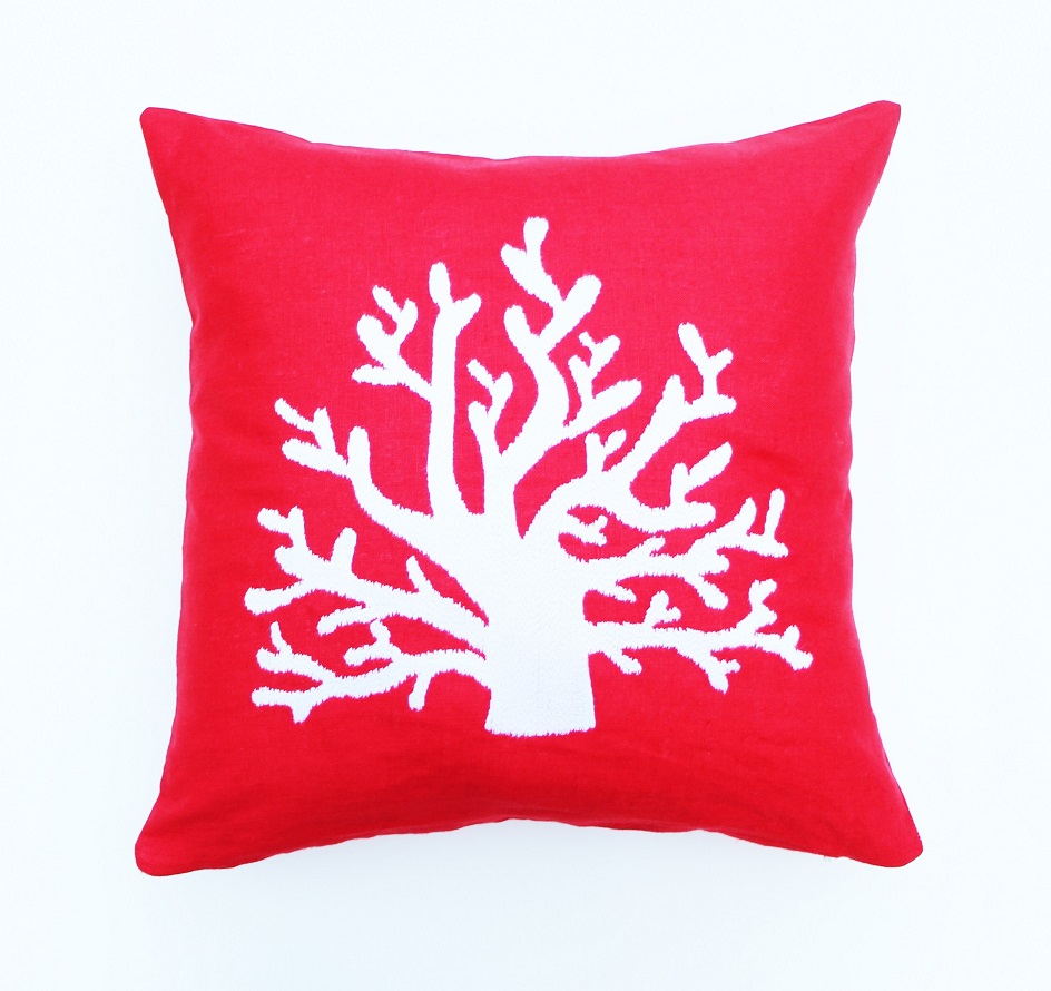 Beach house coral embroidered red linen cushion